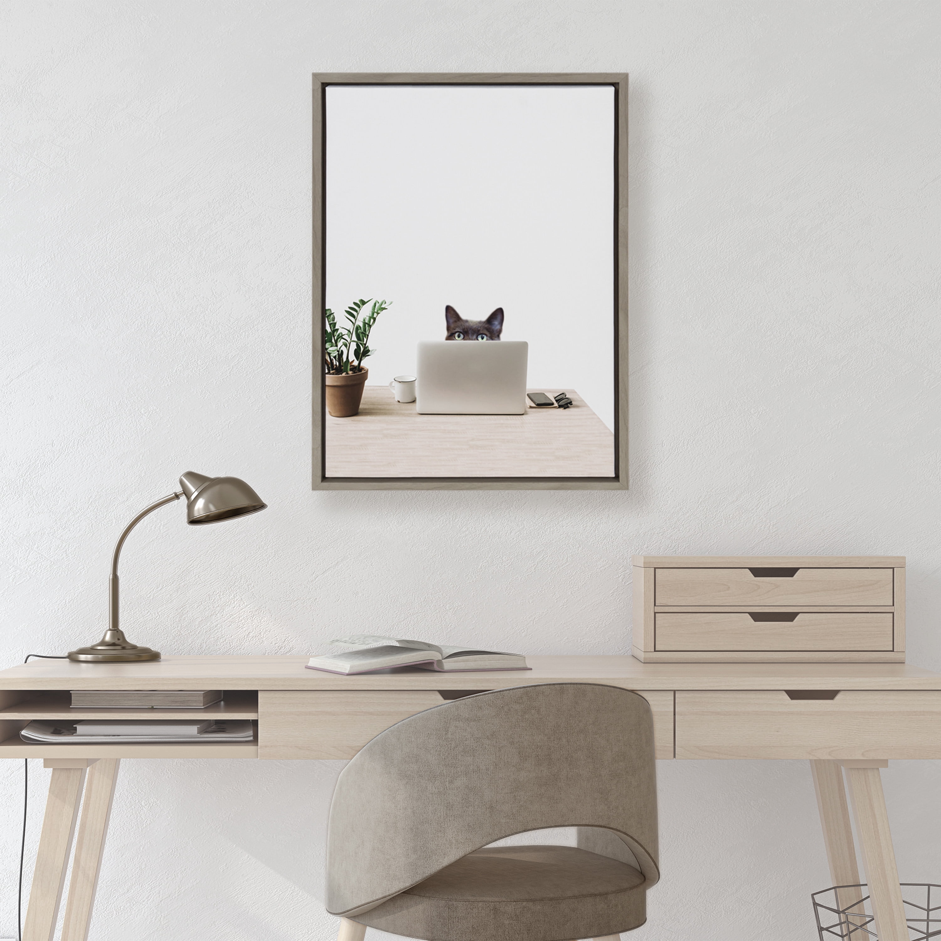Kate and Laurel Sylvie I’m Cherise the Creative Cat Framed Canvas Wall Art by The Creative Bunch Studio, 18x24 Gray, Whitty Kitty Cat Office Art