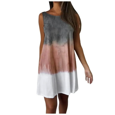 Blphud Womens Summer Dresses Casual Summer Dresses for Women 2024 Sleeveless Straight Dresses Women Casual Fashion O Neck Tie Dye Dress Sleeveless Shirt Dress Casual Dresses Pink L