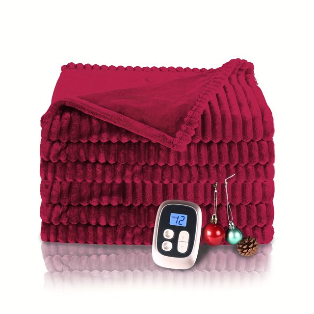 PEACNNG Electric Heated Blanket Full Size 72”x84” 10 Heat Settings And 12 Hours Auto-Off Soft Posh Ribbed Flannel Machine Washable Red