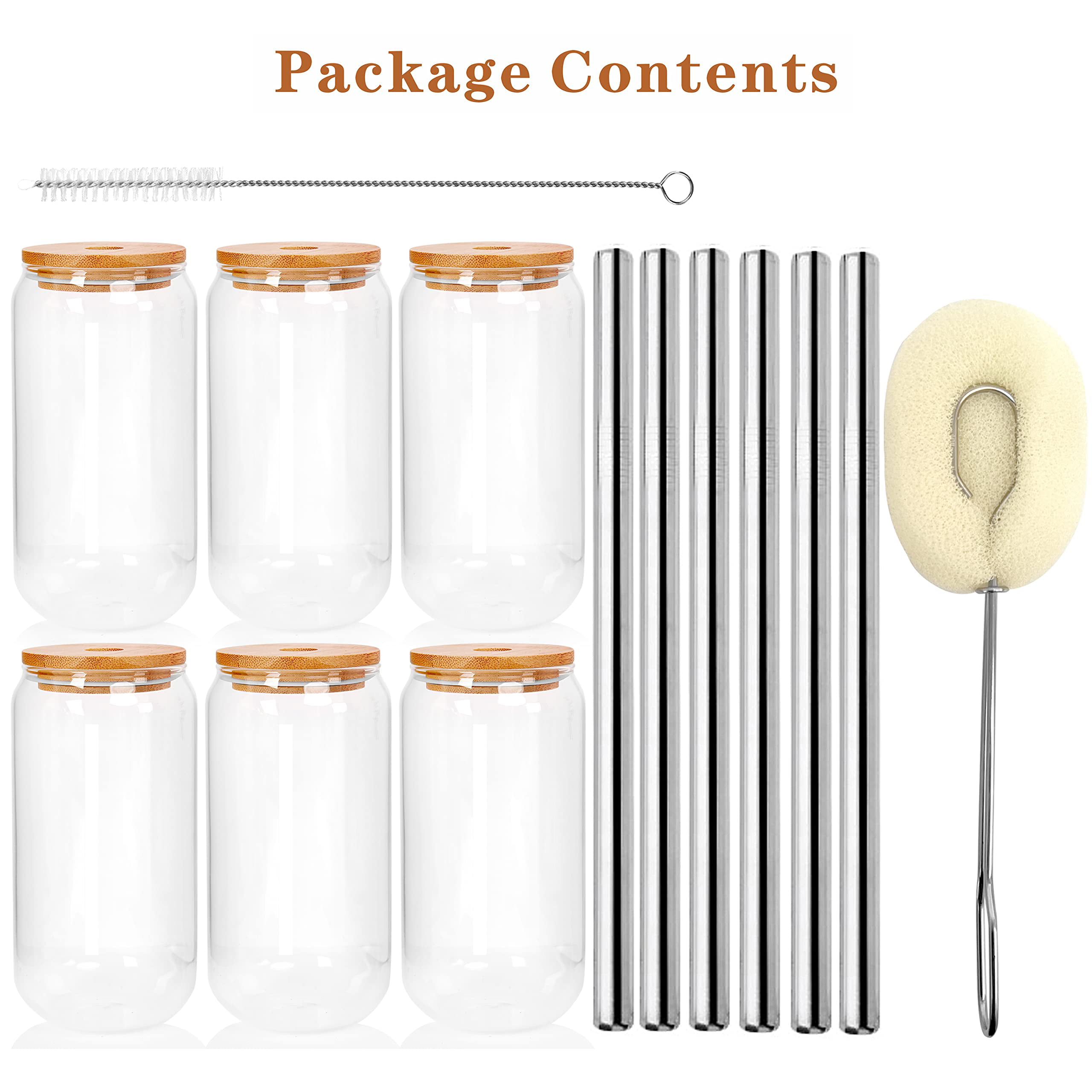 DARCKLE 20 Pack Beer Can Glass Cups with Bamboo Lids and Glass Straws 16oz  Clear Drinking
