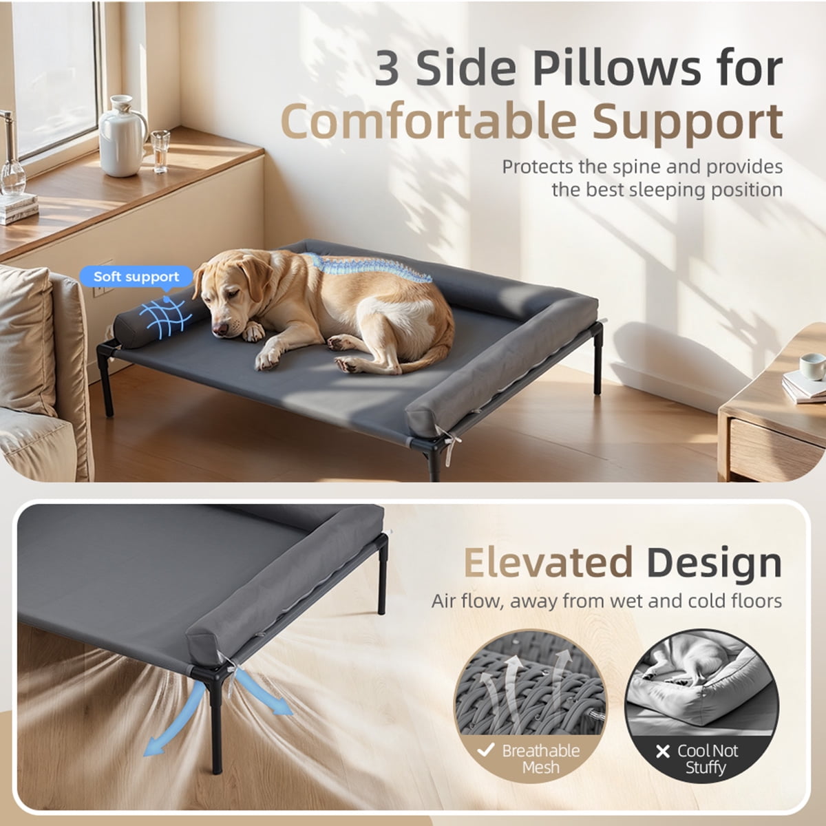DOMIPET Cooling Elevated Dog Bed with Removable Waterproof Bolster Cushion Mat, Raised Pet Cot with Breathable Mesh, No-Slip Feet, Dog Couch Bed for Indoor Outdoor
