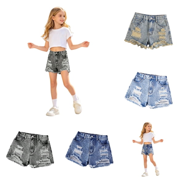 Huanglei Toddler Girls Washed Distressed Denim Shorts With For Summer Play ,School Wear Jean Shorts /Size 9-10 Years(Blue)