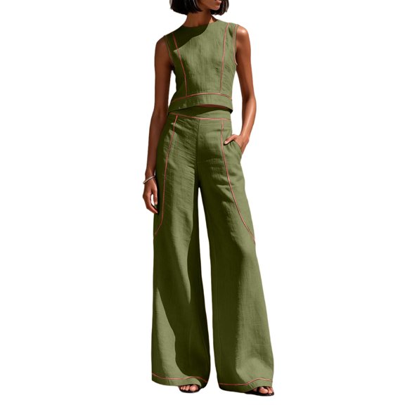 CIENVNSTG Workout Sets For Women Sleeveless Crop Top Wide Leg Pants 2 Piece Outfit Cruise Travel Beach Vacation Clothes With Pocket L
