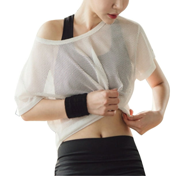 Top deportivo de malla para mujer Top tipo pareo de malla Top tipo pareo de malla de manga corta camiseta transparente de malla para mujer estandares lideres en la industria Bodega