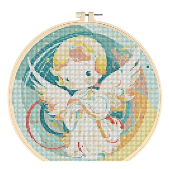 Baby Angel Girl Easy Cross Stitch Kits for Starter Kits DIY 11CT Pre-printed Stamped Patterns Embroidery Cross Stitching Needlework Kit Set Supplies with Hoop 38x38cm (A84)