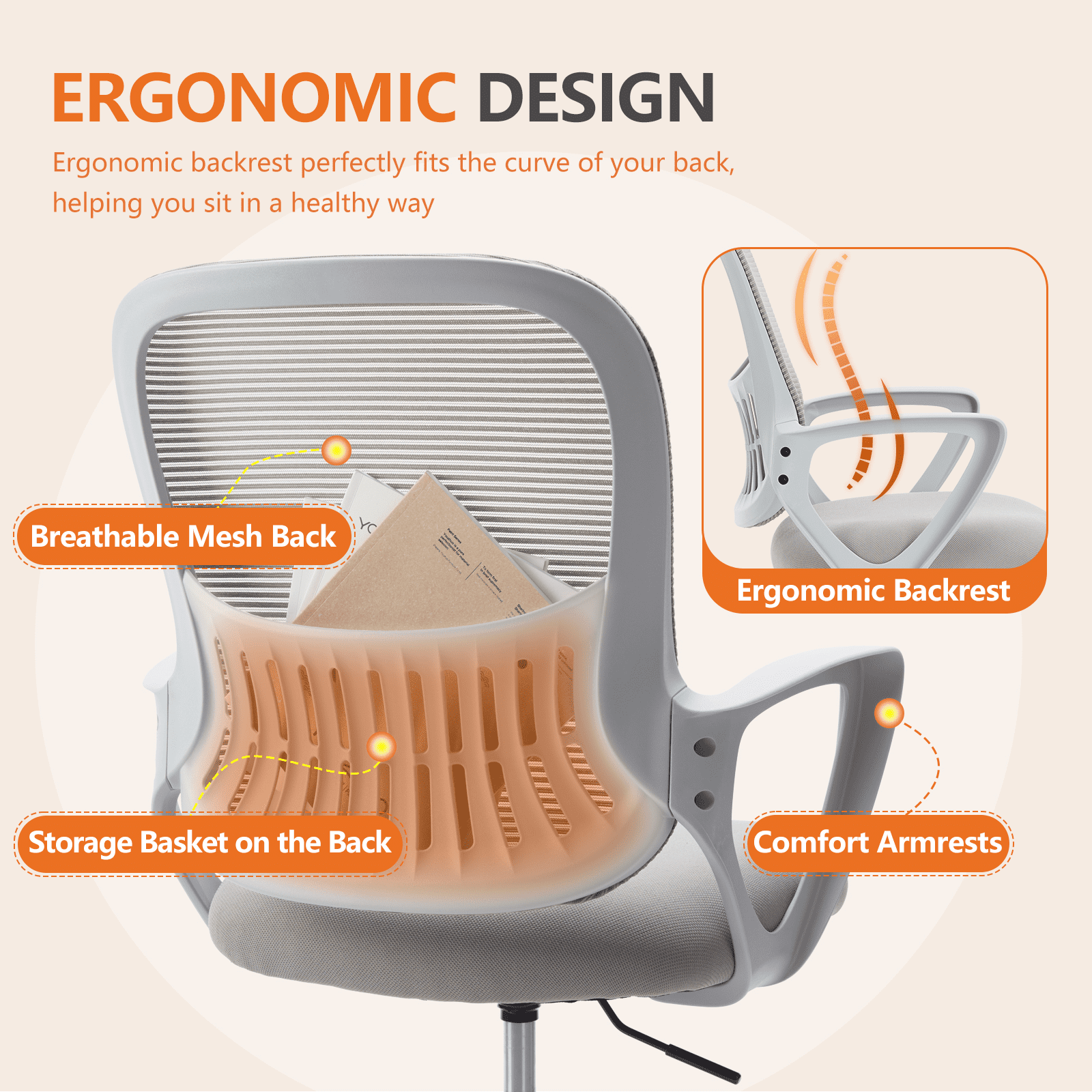 MAYEERTY Ergonomic Office Chair for Standing Desk with Adjustable Height, Computer Desk Chairs, Fixed Handrail， Gray