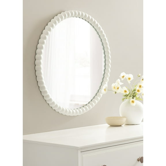 Kate and Laurel Bronte Modern Glam Round Beaded Wall Mirror, 28 Inch Diameter, White, Transitional Circle Mirror for Use as Vanity Bathroom Mirror or Cute Nursery Mirror Decor