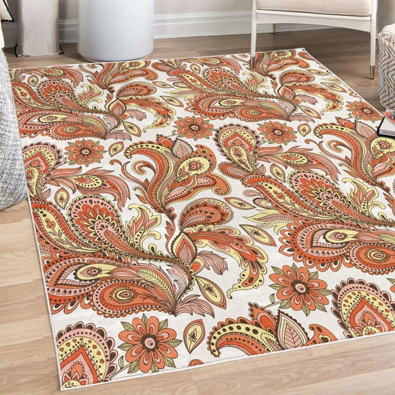 Paisley Decorative Rug, Ethnic Art Swirly Flowers Leaves Floral Pattern Bohemian Style Country Print, Quality Carpet for Bedroom Dorm and Living Room, 6 Sizes, Orange Cream Rose, by Ambesonne