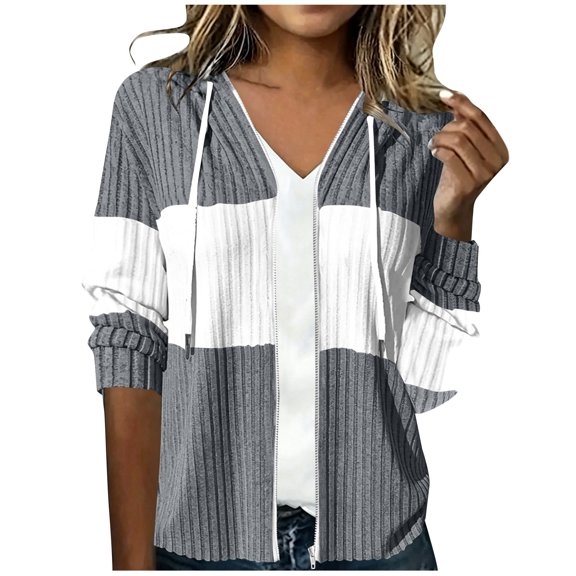 Edvintorg Lightweight Jacket Women Color Block Long Sleeve Zip up Sweater Coat Fall Winter Drawstring Hooded Outerwear Women's Clothes S-2XL Dark Gray
