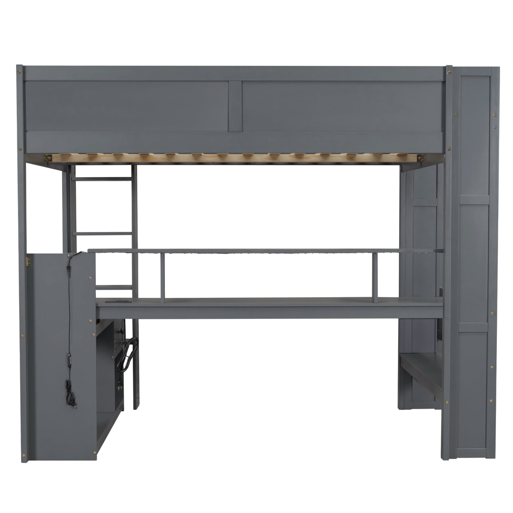Euroco Wood Full Size Loft Bed Frame, Gaming Bed with Desk and Shelves, USB Charging Station and LED Light for Kids Teens, Dark Gray