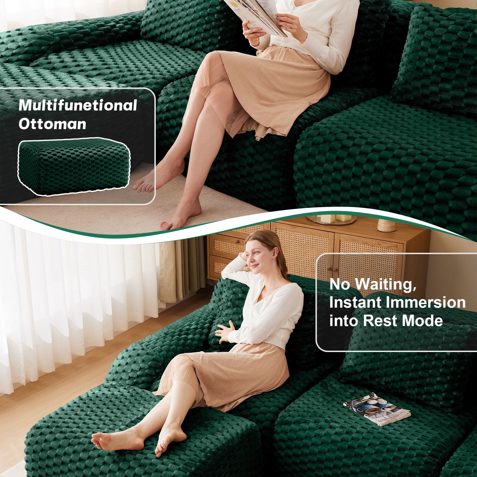 Aukfa 114" L-Shaped Modular Sectional Sofa, 29" Deep Seat Oversized Cloud Couch with Ottoman, Flannelette Upholstered 3-Seater Sofa for Living Room, Green