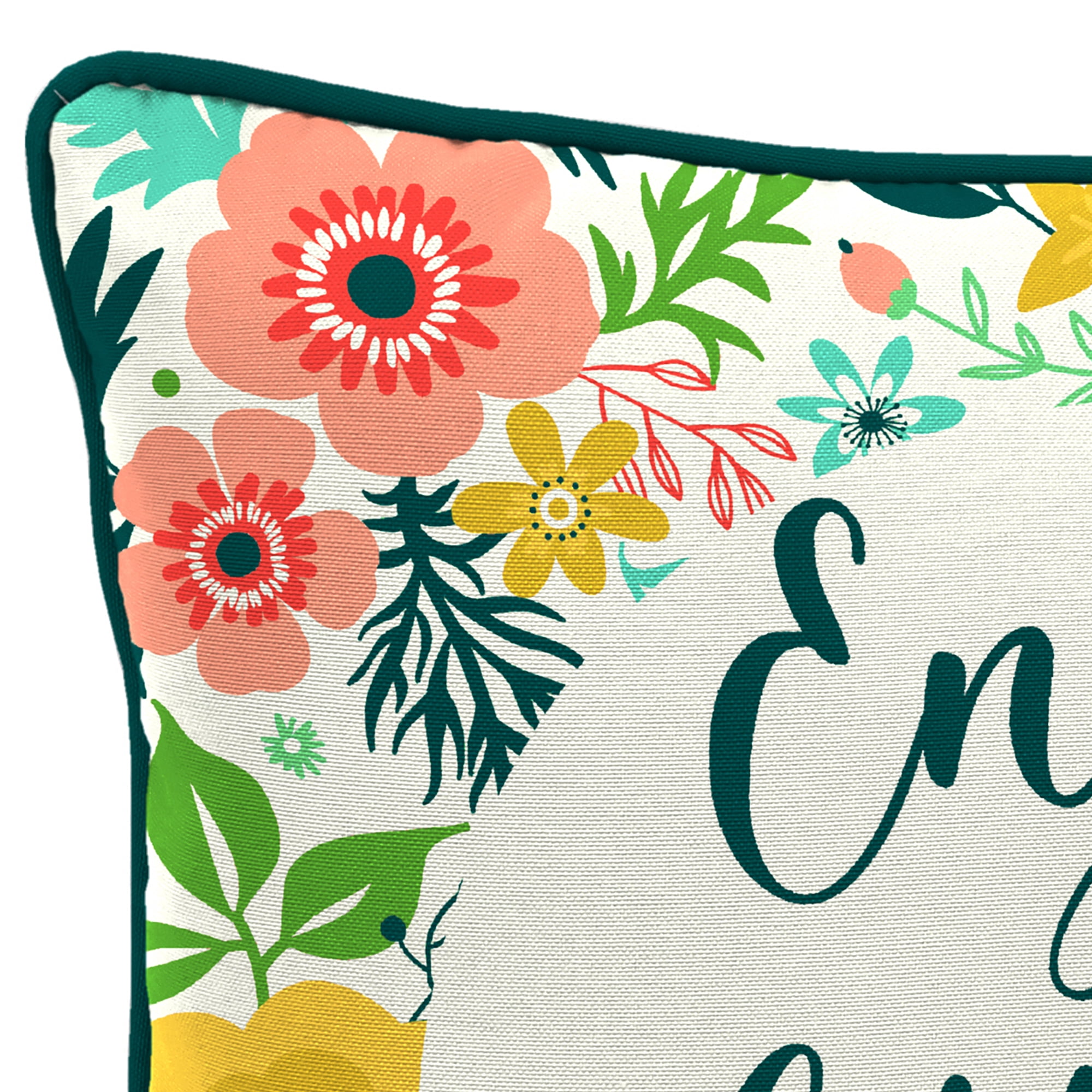 Jordan Manufacturing 16" x 16" Enjoy the Little Things Cream Novelty and Multicolor Floral Reversible Square Outdoor Throw Pillow with Welt