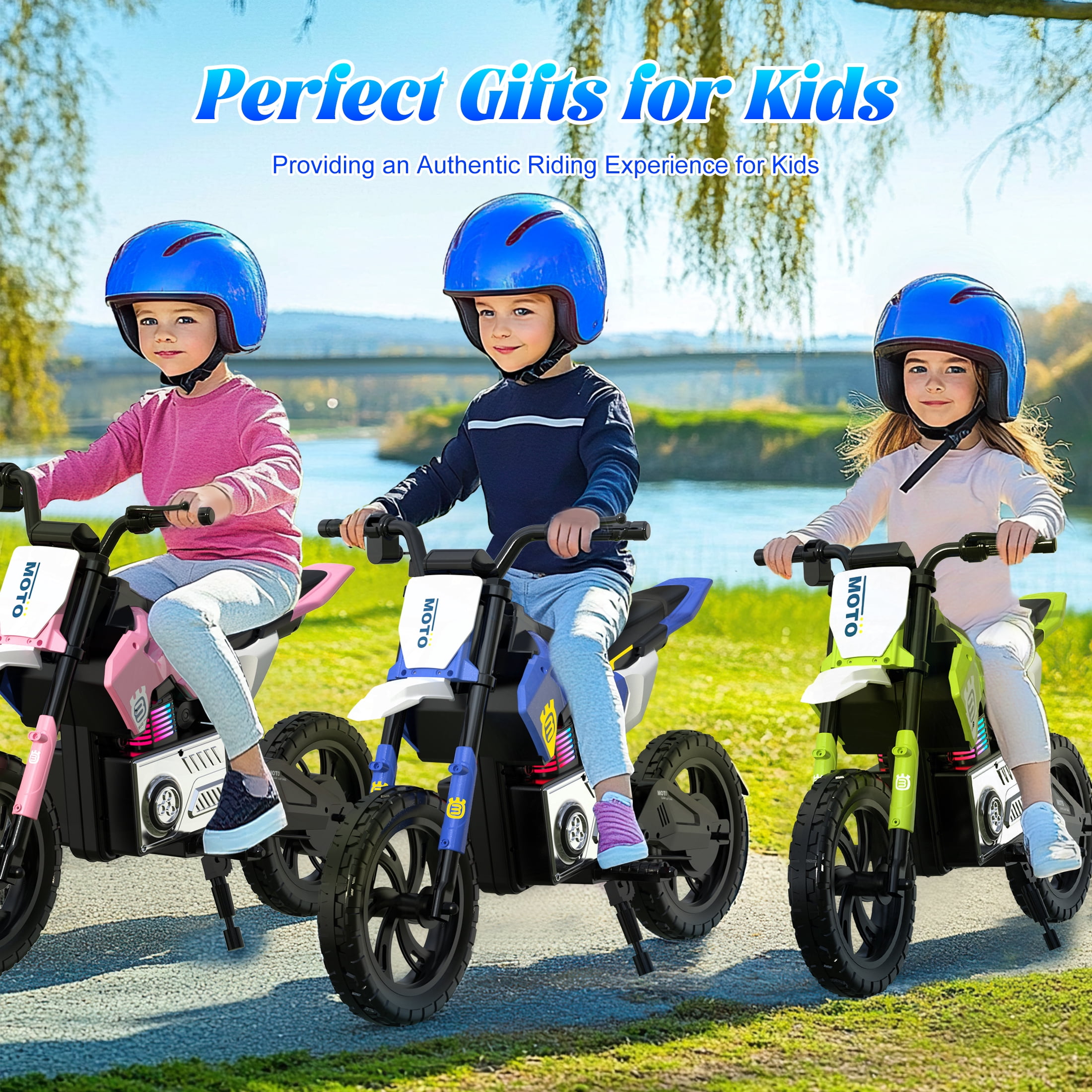 Skyhot 24V Electric Dirt Bike for Kids, 15km/h Electric Motorcycle Beginners Friendly, Power Display, Brushless Electric Machine, Rear Spring Suspension, 2-Speed Modes for Kids Ages 3-8, Blue