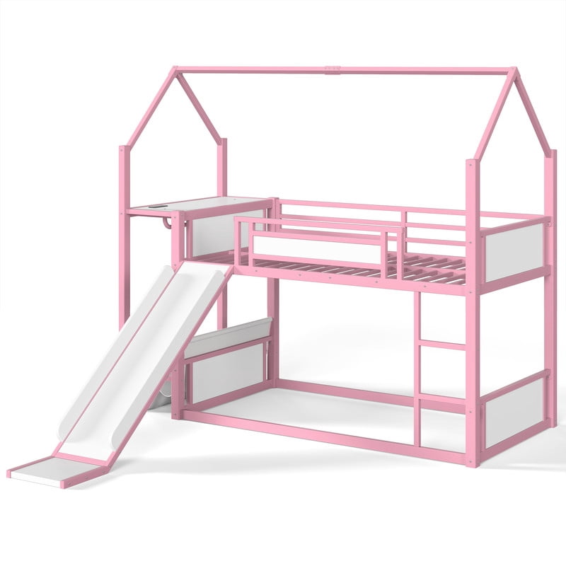 Twin Over Twin Metal Bunk Bed with Slide, LED Hanging Area, Fabric Storage Shelf, Power Outlet, House-Shaped Playhouse Frame, Safety Guardrails, Ladder, Low Profile Kids Bunk Bed