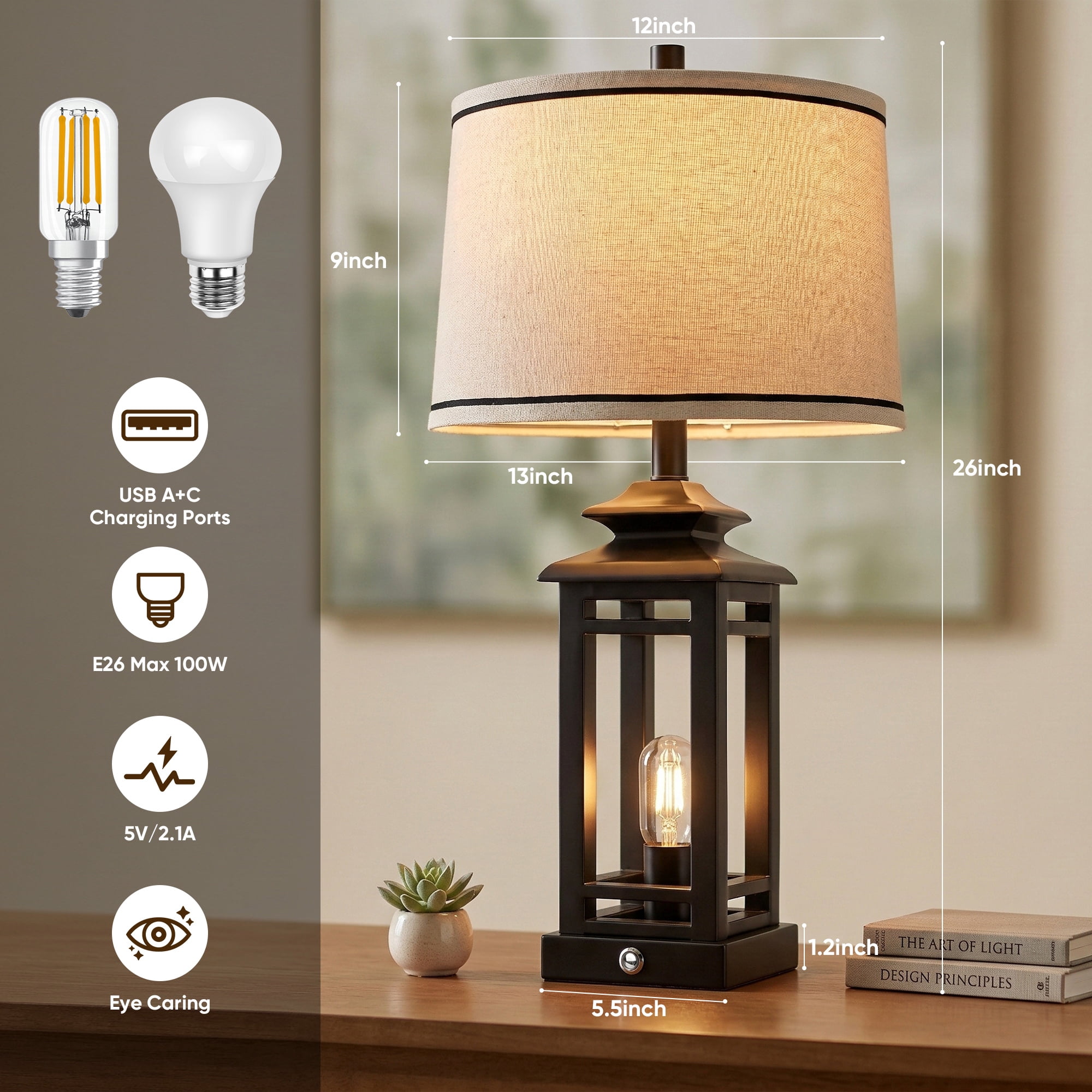 26in Farmhouse Table Lamp Black Desk Lamp with Linen Shade, LED Bulbs Included for Bedroom Living Room