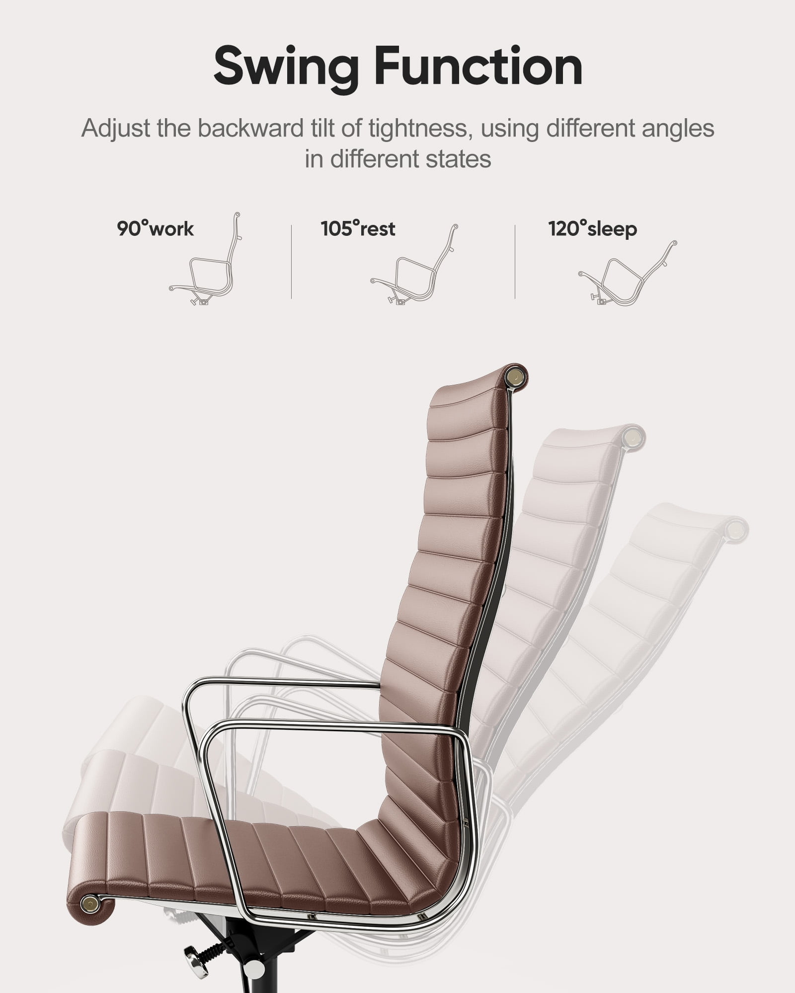 High-Back Ribbed Office Chair Adjustable Leather Computer Chair Ergonomic Lumbar Support,Swivel Desk Chair,Brown 1pc