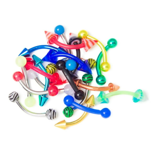 Package of 20 Anodized and Acrylic 16G Mixed Curved Barbell Eyebrow Ring