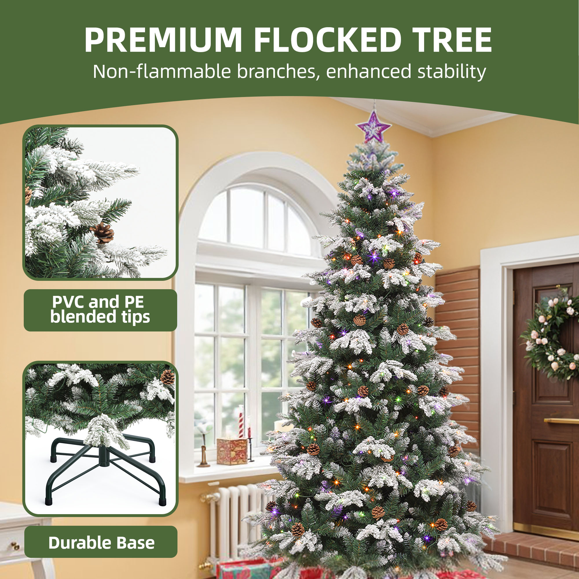 Uforic 7.5ft Prelit Flocked Tiered Christmas Tree with 1200 Tips, 400 Remote-Controlled Lights, and Pine Cones