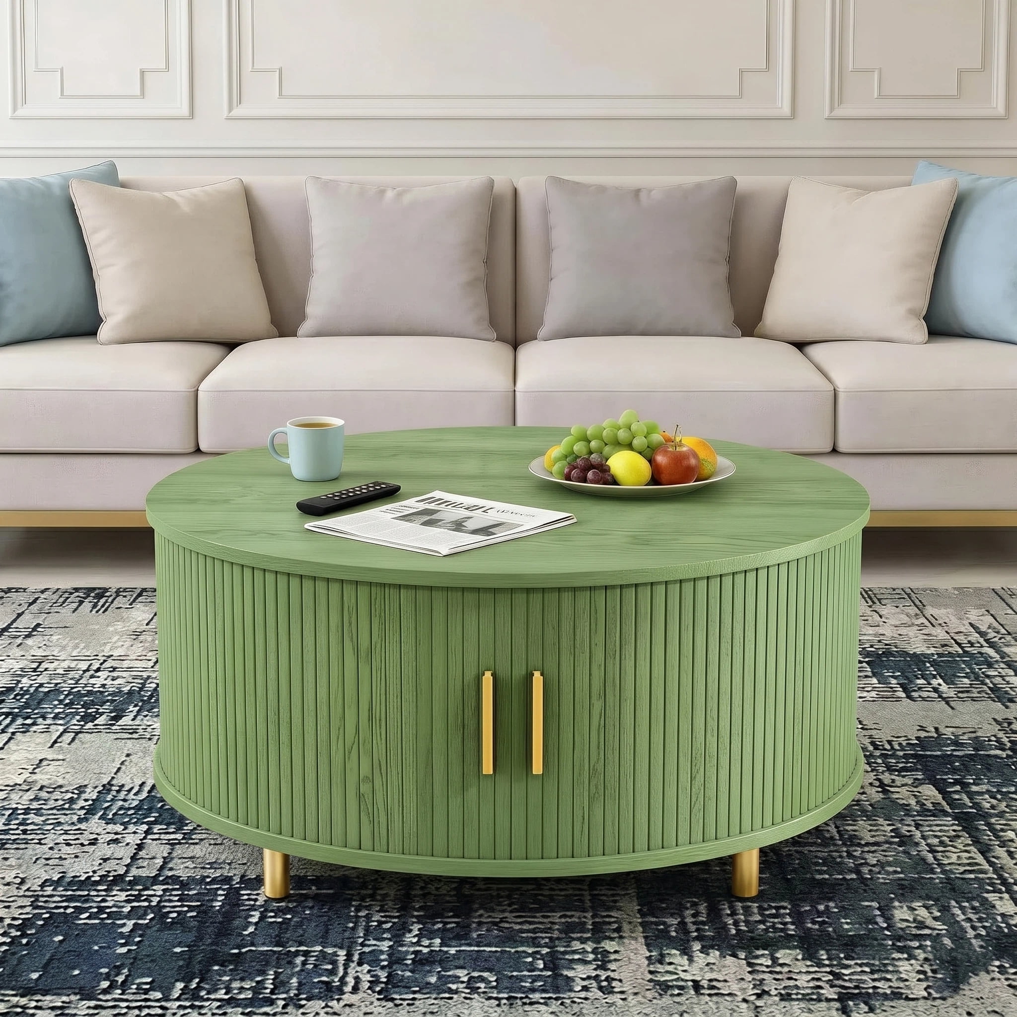 AISWORD Round Coffee Table with 360° Sliding Door, Fluted Accent Coffee Table with Storage Adjustable Footpads for Living Room, Green