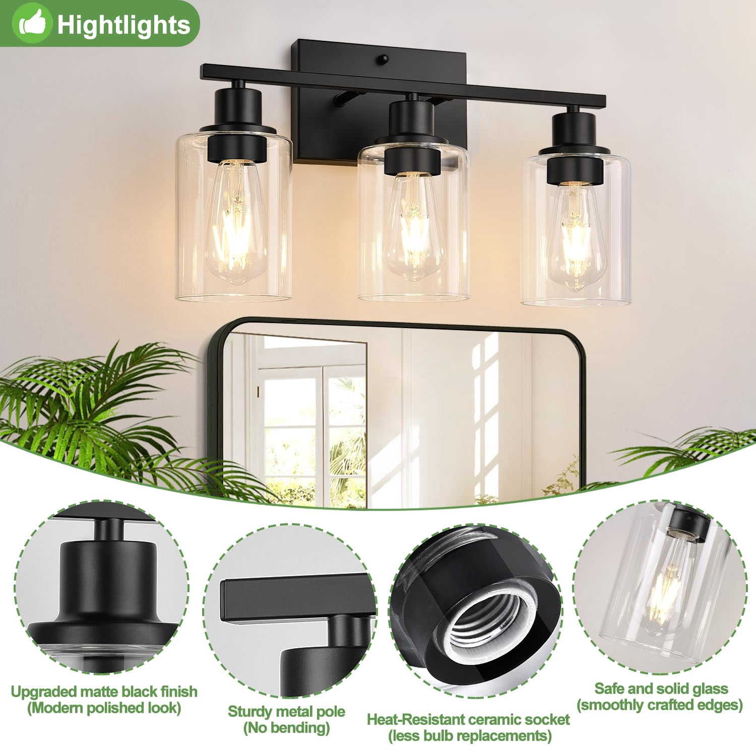 3 Light Bathroom Fixtures  Matte Black Modern Vanity Lights With Clear Glass Shade Wall Lamp For Mirror Kitchen Living Room Hallway Cabinet Porch