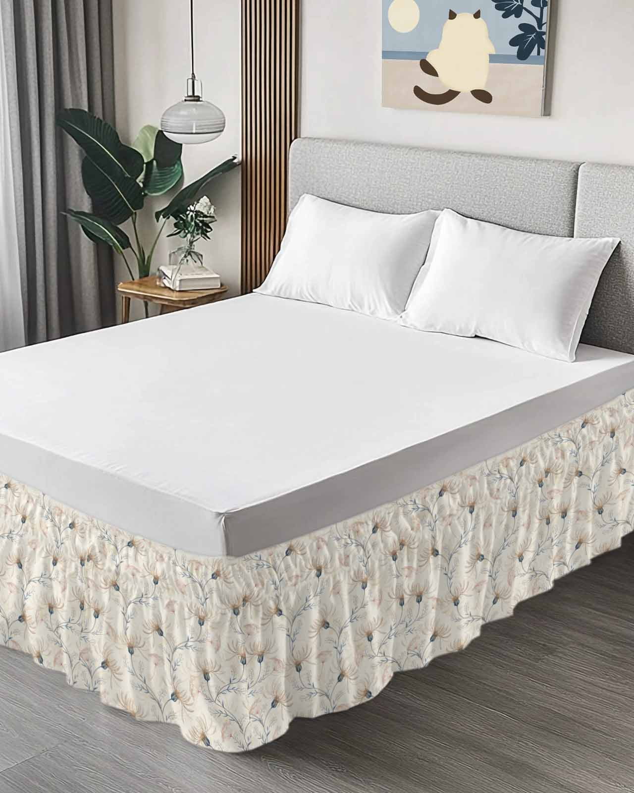 Beige Flowers Wrap Around Bed Skirts for California King Bed 18" Drop,Bed Skirt with Adjustable Elastic Belt Dust Ruffle Bed Valance for Bedroom Watercolor Farmhouse Botanical Floral Bed Frame Cover