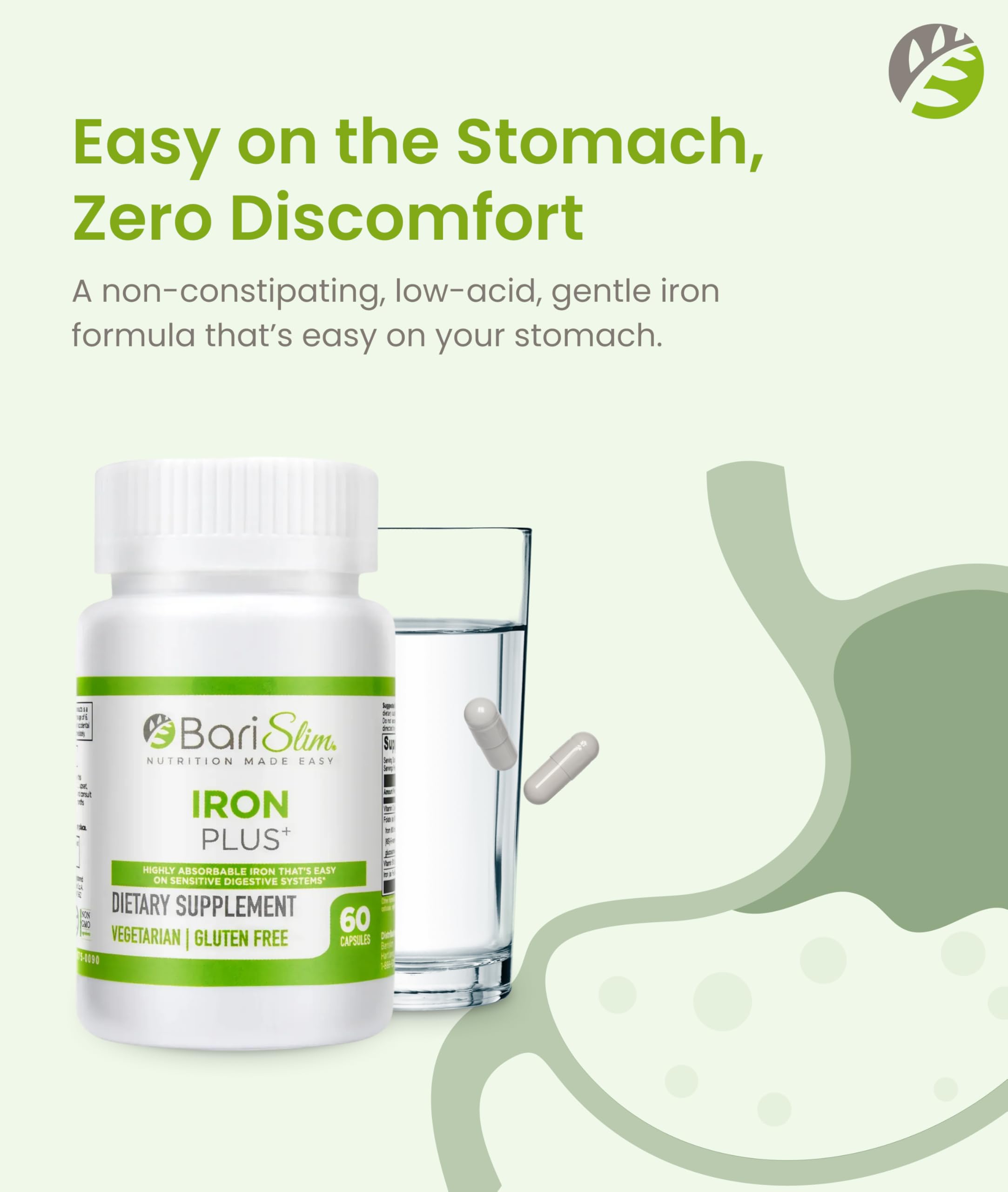 BariSlim Iron Plus Capsules for Bariatric Patients - Unisex, Adults | 2 Month Supply (60 Servings)