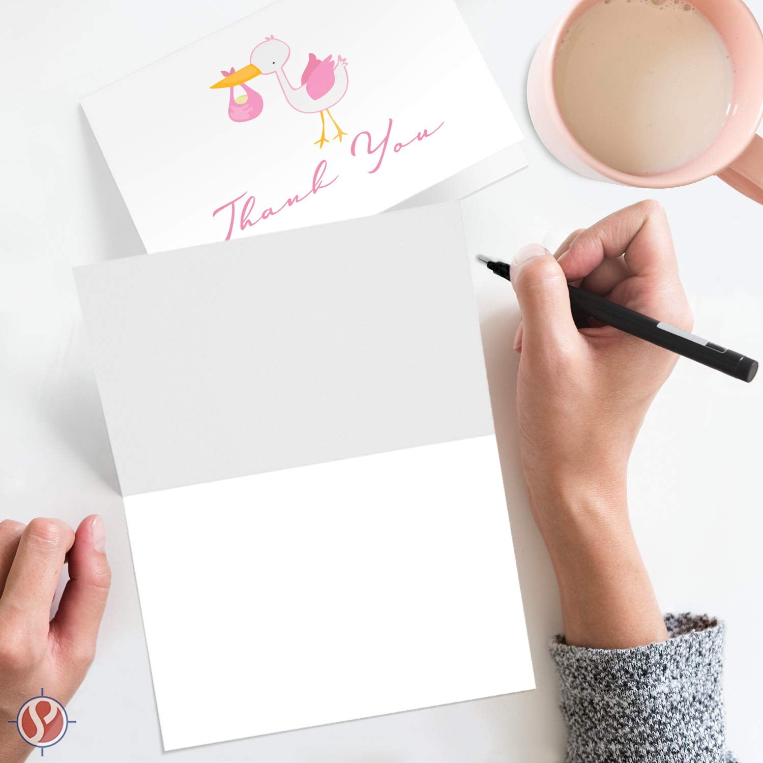 Baby Girl Thank You Cards With Envelopes | Elegant Light Pink Design - Blank on The Inside - Baby Shower Gifts | 4.25" x 5.5" Inches When folded | Value Pack of 25 Cards & Envelopes | Light Pink stork