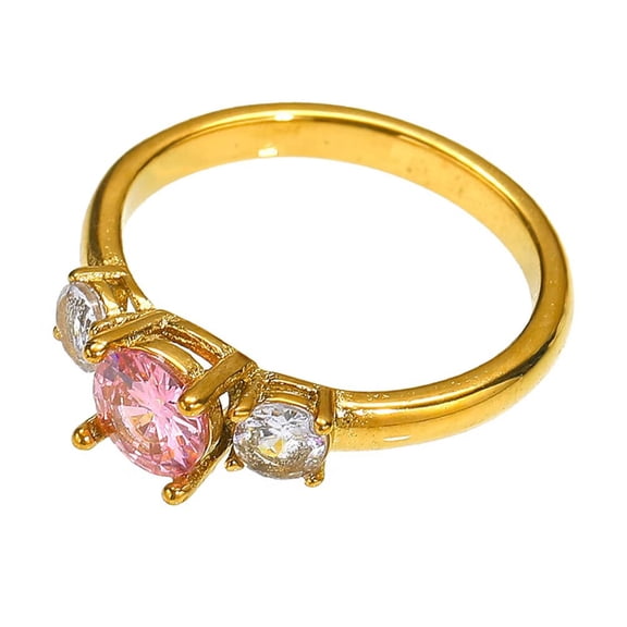 PAURO 3-Stone Rings for Women Gemstone Cubic Zirconia Stainless Steel Pink Black Yellow Colorful Personalized Gold Plated Simple Cute Dainty Eternity Band Circle Jewelry Pink-White Size 6