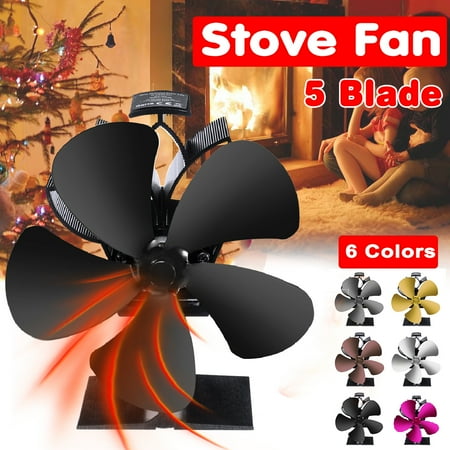 Fan For Wood Heater 1100rpm Aluminum Black 5-Blade Heat Powered Stove Fan Heater Fireplace For Wood / Log Burner/Fireplace ()