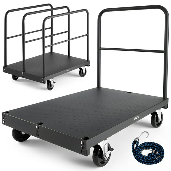VEVOR Drywall Cart Dolly, 1800 lbs Load Capacity, 2-in-1 Steel Panel Truck Cart with 5 inch Swivel Casters, 36 x 24 inch Platform Truck with 4 Side Handrails for Factory, Warehouse, Garage, Black