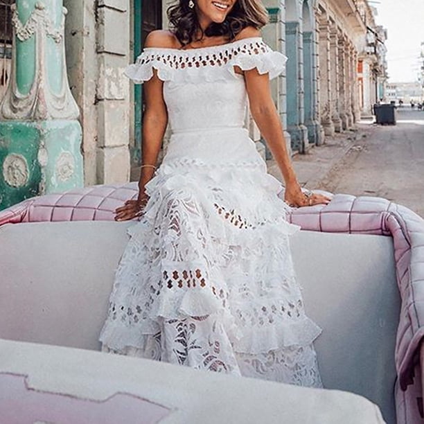 CBGELRT Elegant White Wedding Dresses for Bride Summer Fashion Lace  Embroidery Floral Hollow Maxi Dress Women Ruffle Birthday Dress Xl White