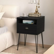 VECELO Nightstand with 1-Drawer and Metal Legs, Sofa End Table for Living Room Bedroom Office, Black