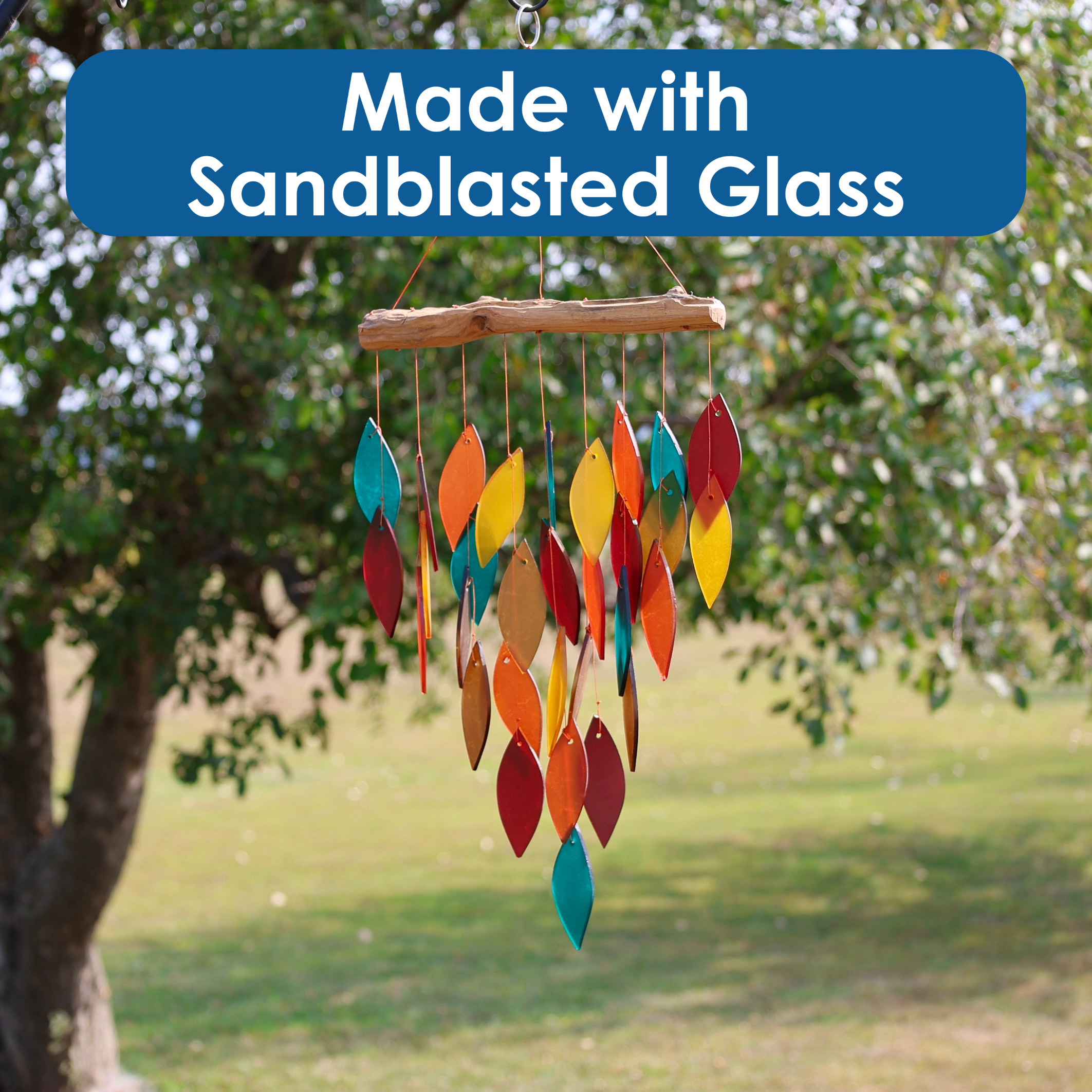 Blue Handworks Santa Fe Waterfall Glass and Driftwood Chime - Sandblasted Glass and Found Wood Handcrafted Wind Chime for Home and Garden