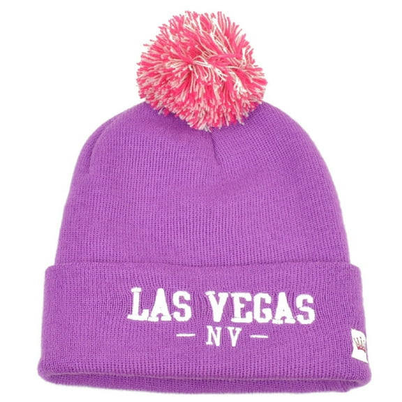 Las Vegas Pom Pom Cuffed Knit Beanie Sin City of Lights Nevada State Fuchsia Hat