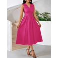 thumbnail image 3 of Hot Pink Sleeveless V-Neck Midi Dress With Pleated Skirt And Woven Texture For Women, 3 of 6