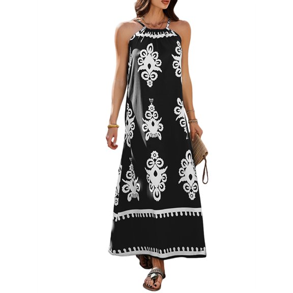 Summer Dress for Women 2025 Floral Sundress Spaghetti Strap Flowy Beach Vacation Boho Maxi Dresses Black XL