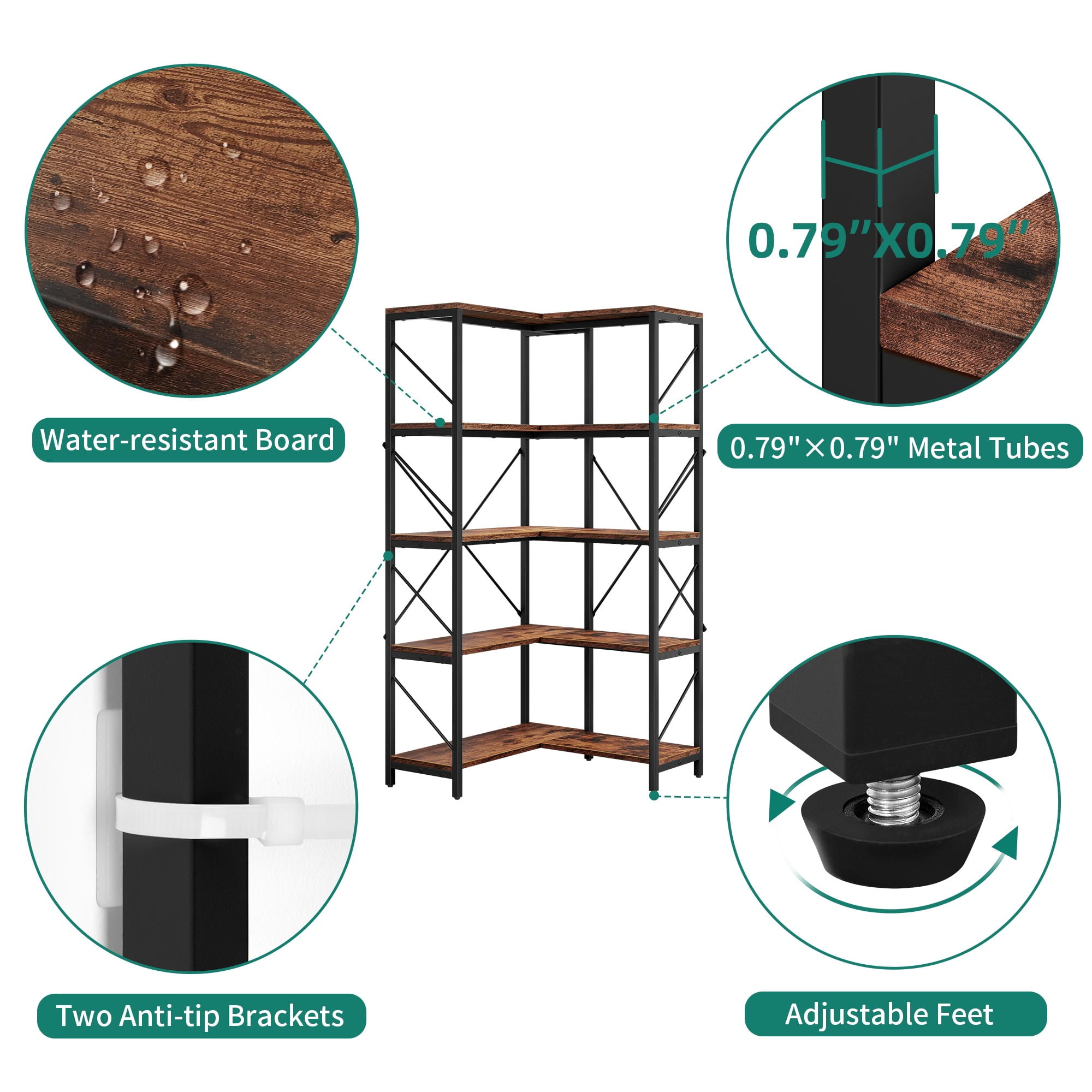 Dextrus 5-Tier L-Shaped Bookcase Storage Organizer, Tall Corner Bookshelf Open Display Freestanding Storage, Brown