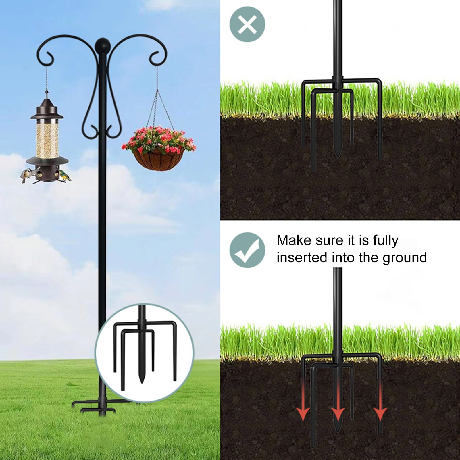 Sylvtty Outdoor Shepherd Hook Double Hooks Heavy Duty Bird Feeder Pole Shepherd Hook with 5-Prong Base for Hanging Plants Lanterns Wind Chimes