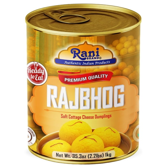 Rani Rajbhog (Soft Cottage Cheese Dumplings) 35.3oz (2.2lbs) 1kg, Approximately 14 pieces, Easy Open Lid ~ Ready to eat | All Natural | Gluten Free | Non-GMO | Kosher | Indian Origin