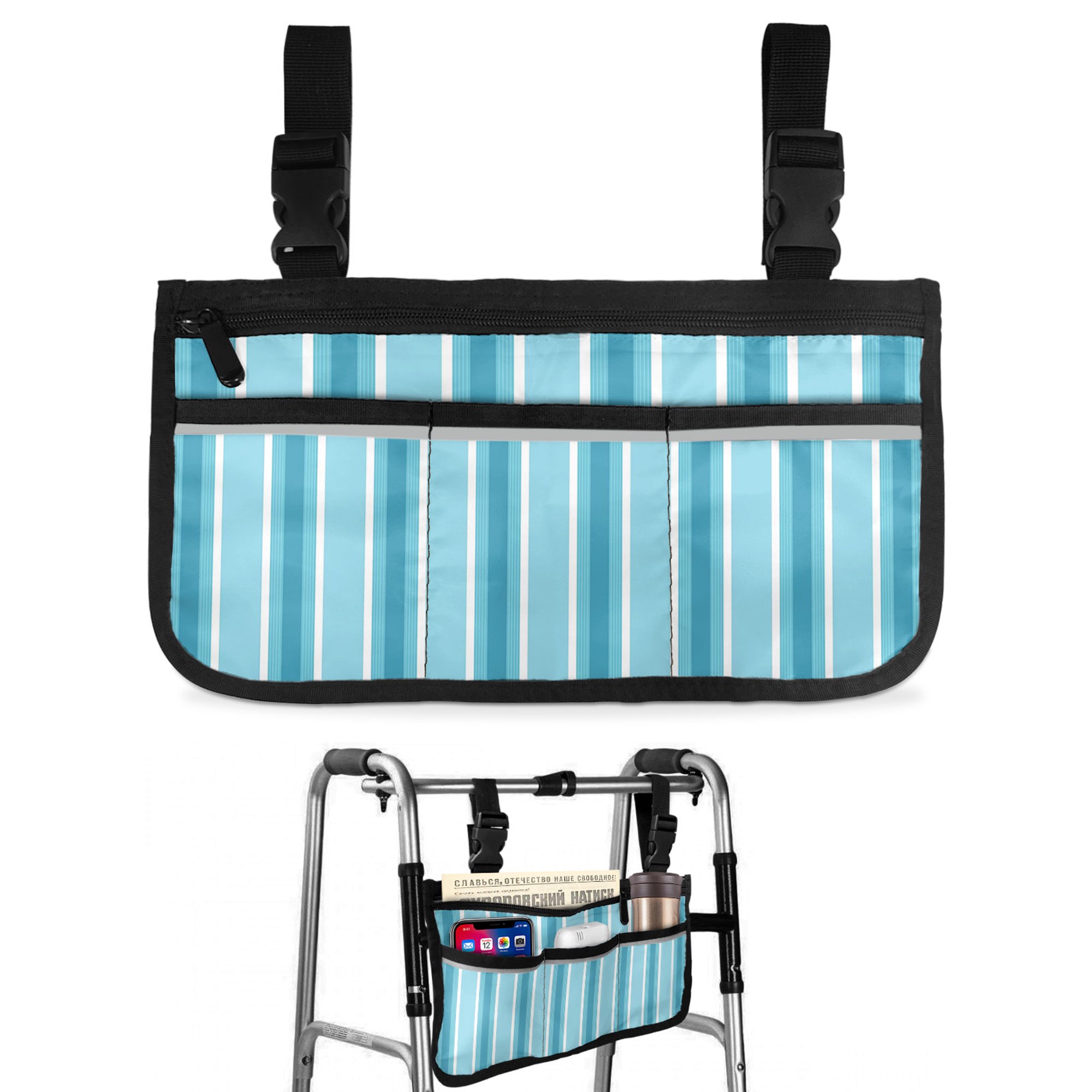 Sky Blue White Stripes Wheelchair Side Bag with Cup Holder, Modern Minimalist Blue Lines Wheelchair Armrest Bag Storage Pouch Adults, Seniors for Walkers, Rollator, Scooter