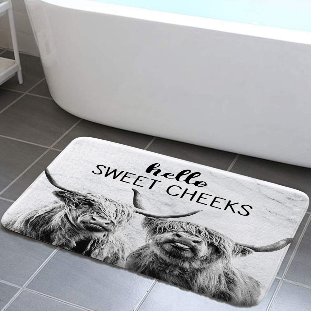 Hello Sweet Cheeks Bath Rugs, Farmhouse Highland Cow NonSlip Absorbent