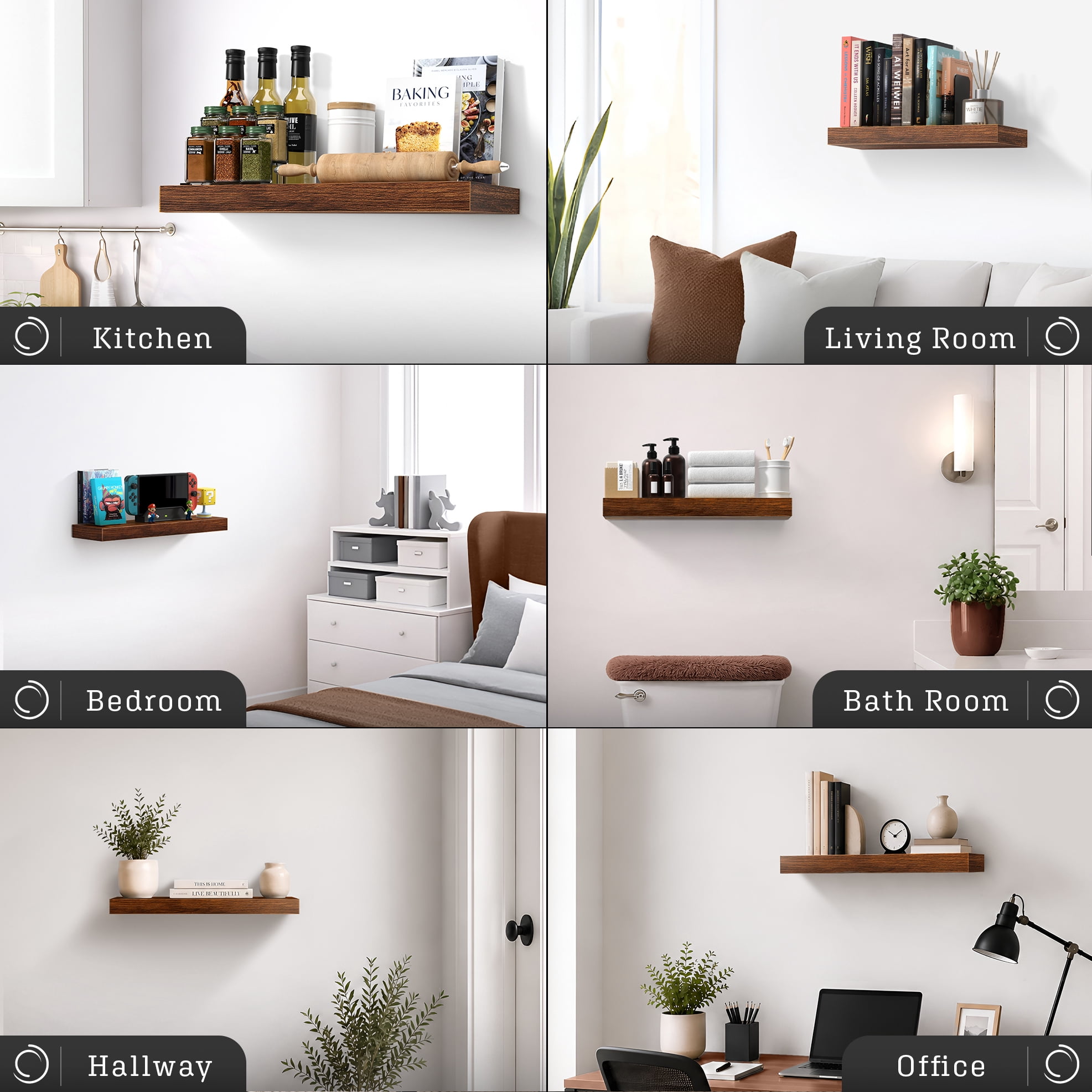 Sorbus 16.25" Floating Wall Shelf, Walnut, Invisible Brackets, Bathroom, Bedroom & Home Decor