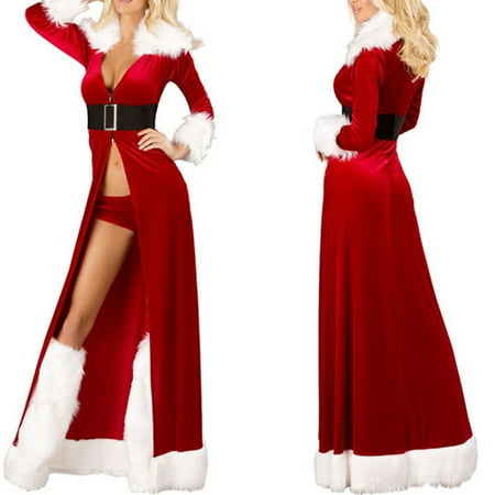 Christmas Nightgowns For Women Christmas Women Sexy Long Sleepwear Fluffy Fur Belt Underwear Nightdress Coat ()