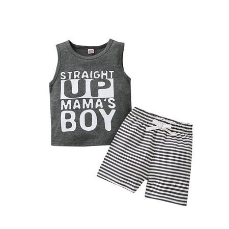 

Toddler Baby Boy Striped Outfits Set Summer Mama s Boy T-Shirt Tops Vest High Waist Shorts Pants Tracksuit