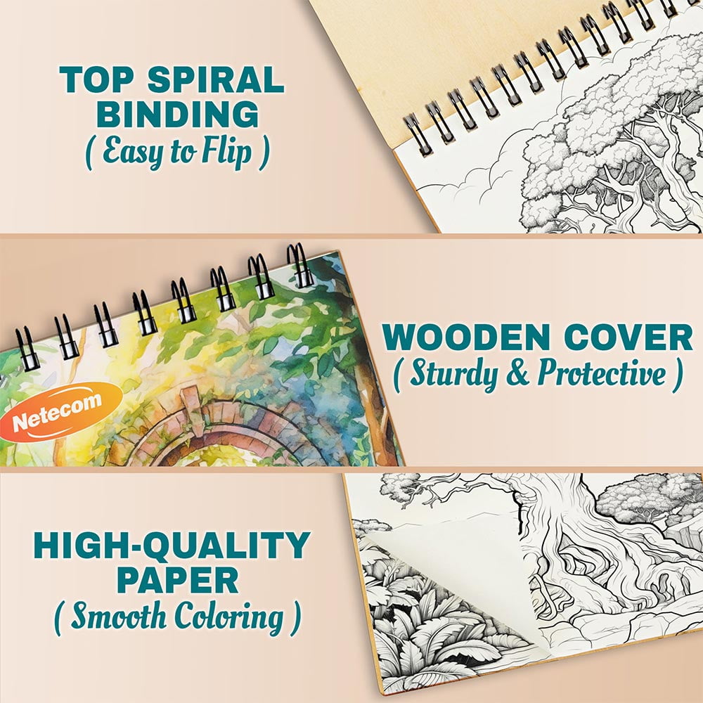 Dreamy Landscapes Coloring Book Spiral Bound For Adults, A5 Wooden Cover, 30 Calming Coloring Pages of Scenic Mountain Views and Gentle Rivers for Stress Relief and Relaxation