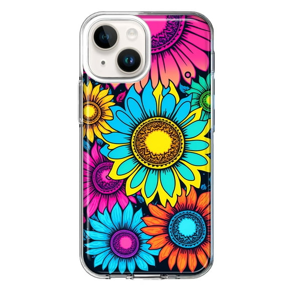 MUNDAZE Case for Apple iPhone 15 Hybrid Shockproof Slim Hard Soft TPU Shell Heavy Duty Protective Phone Cover - Vintage Colorful Abstract Sunflowers Floral