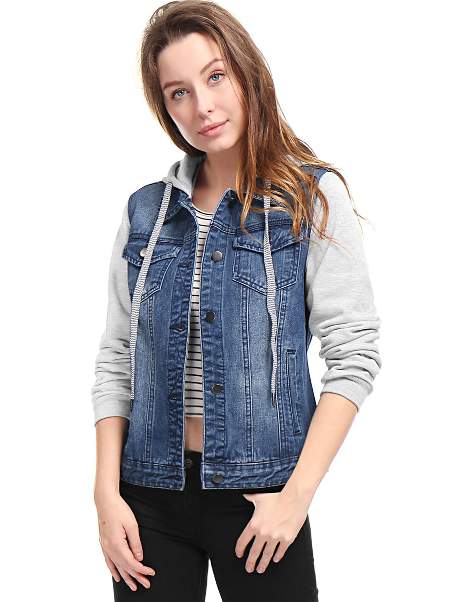 womens denim jacket with knit sleeves