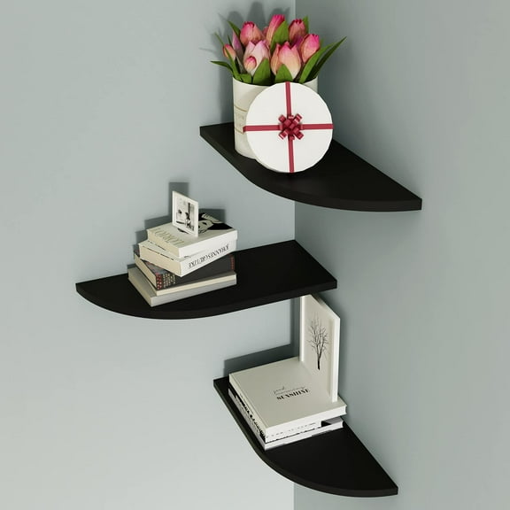 WELLAND Floating Corner Shelves Wall Mounted Display Shelf, Set of 3, Black Finish