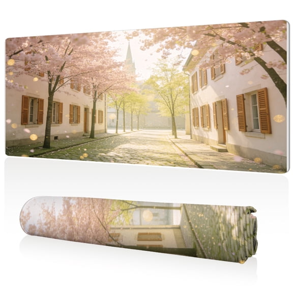 LIVEKEY Extra Large Mouse Pad Cherry Blossom Street Scene 80x40x0.3cm Full Desk Coverage Non Slip Base Durable Easy Clean Stitched Edges for Gaming and Office