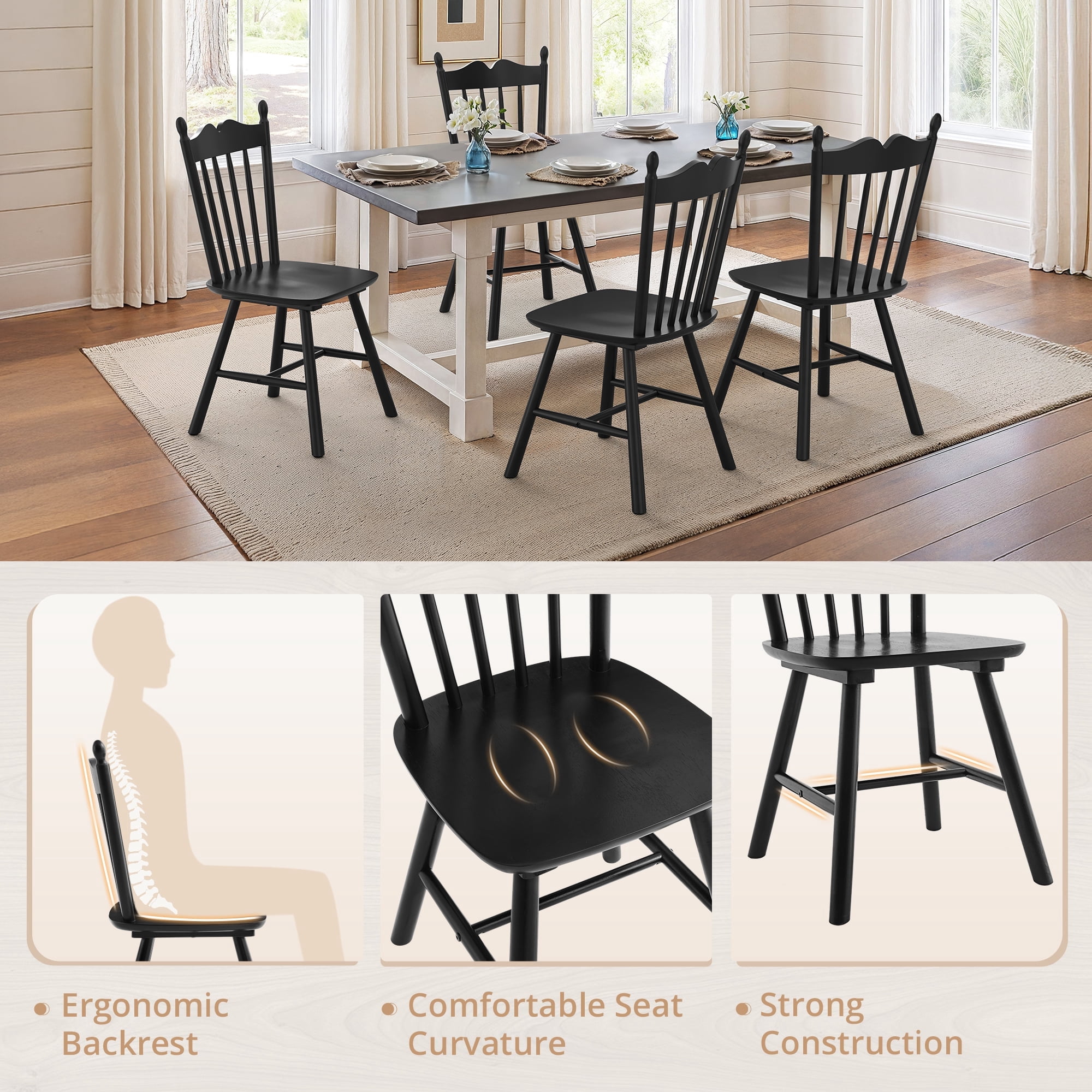 Dycanpo Dining Chairs Set of 4, Windsor Wooden Dining Chair with Thickened Backrest for Kitchen, Black